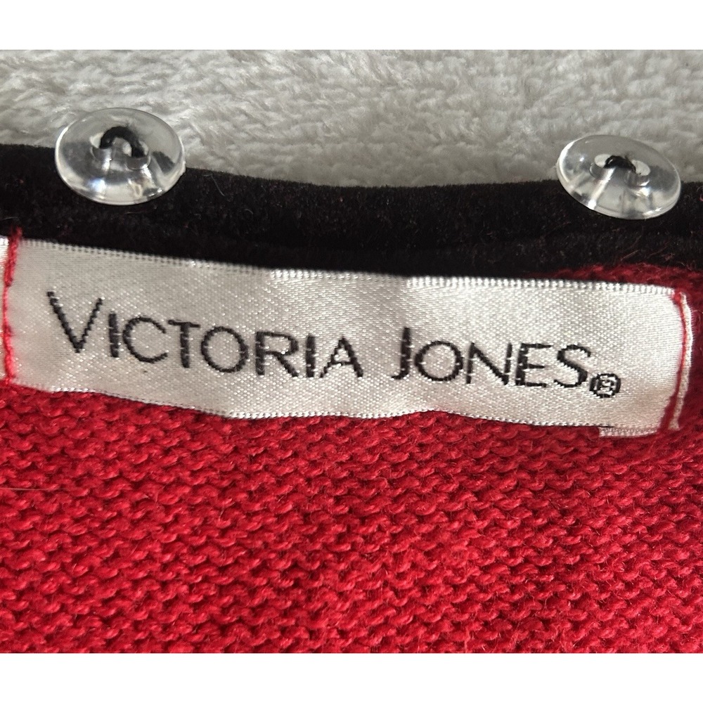 Vtg Victoria Jones Red Christmas Sweater M Beaded Embroidered Festive Scarf - Picture 5 of 14